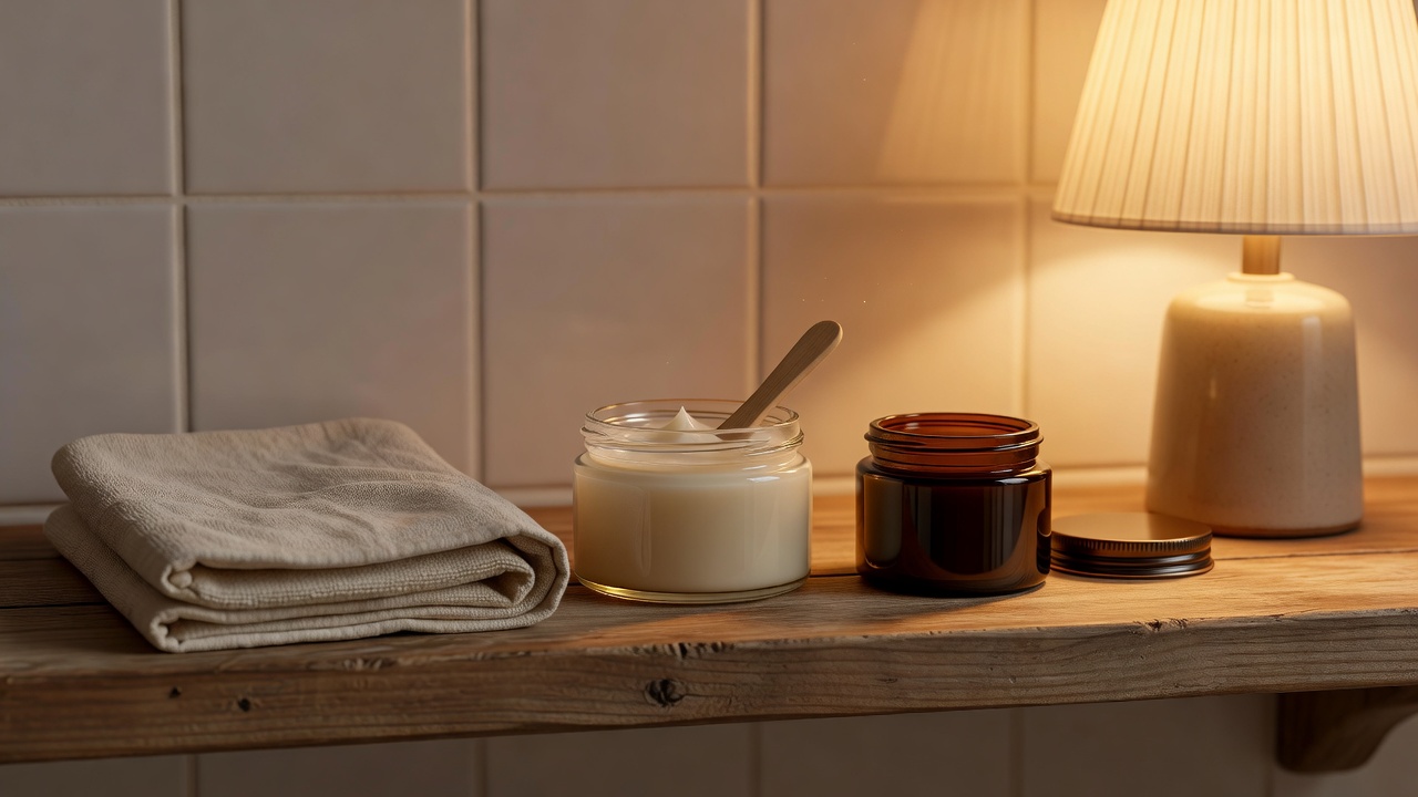 Bathroom shelf lit by a warm evening lamp with a cleansing balm, towel and night cream