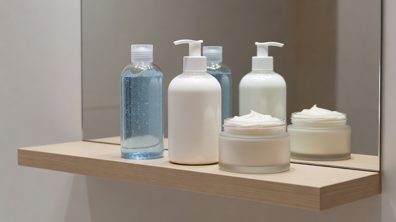 Bathroom shelf in front of a mirror with gel, lotion and cream textures side by side