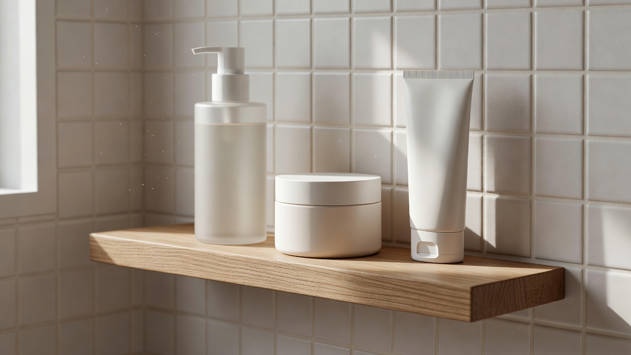 Bathroom shelf in soft morning light holding a cleanser, a moisturiser and a sunscreen tube