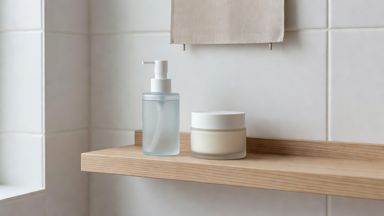 Bathroom shelf with a light summer gel and a rich winter cream placed side by side