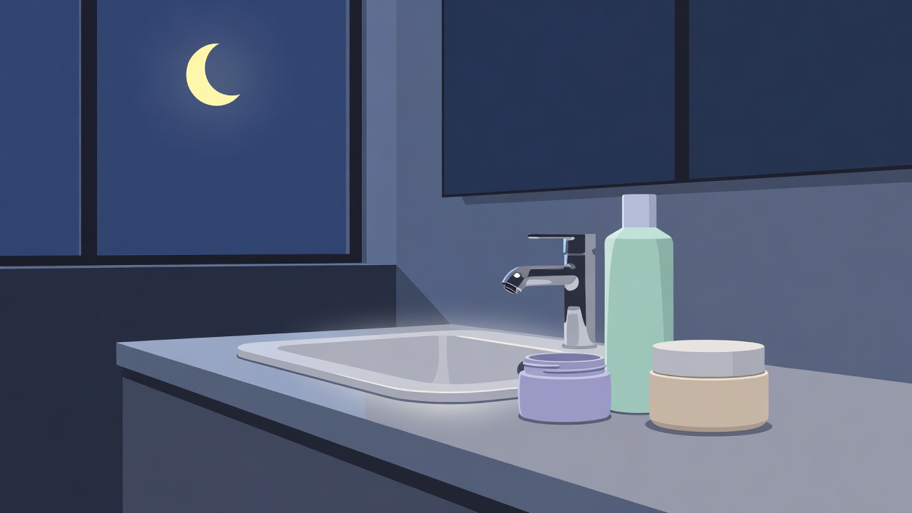 Flat illustration of a bathroom sink at night under a crescent moon with a balm, cleanser and cream
