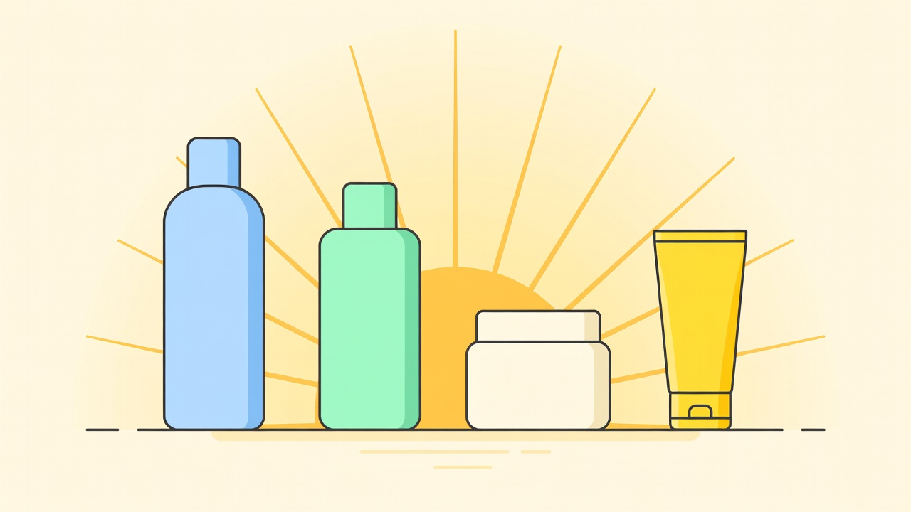 Flat illustration of four products lined up from cleanser to sunscreen under a rising sun