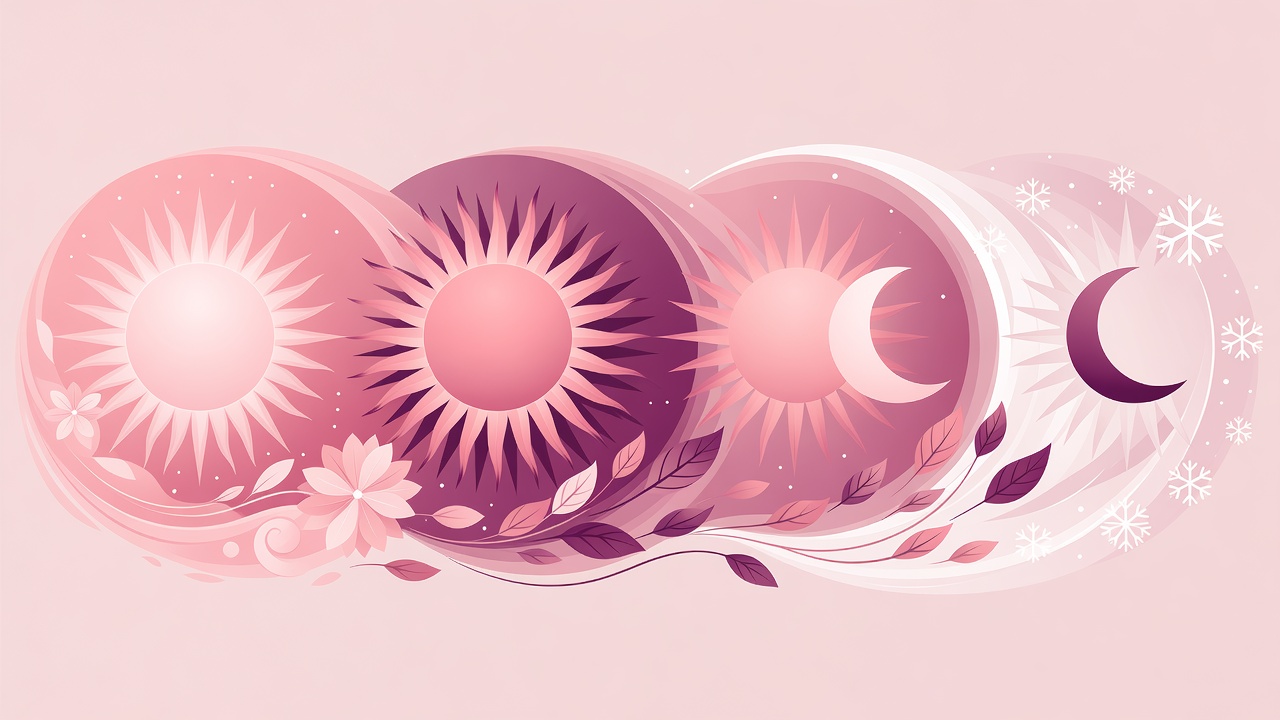 Flat illustration of a sun fading into a crescent moon across four seasonal arcs in blush and plum