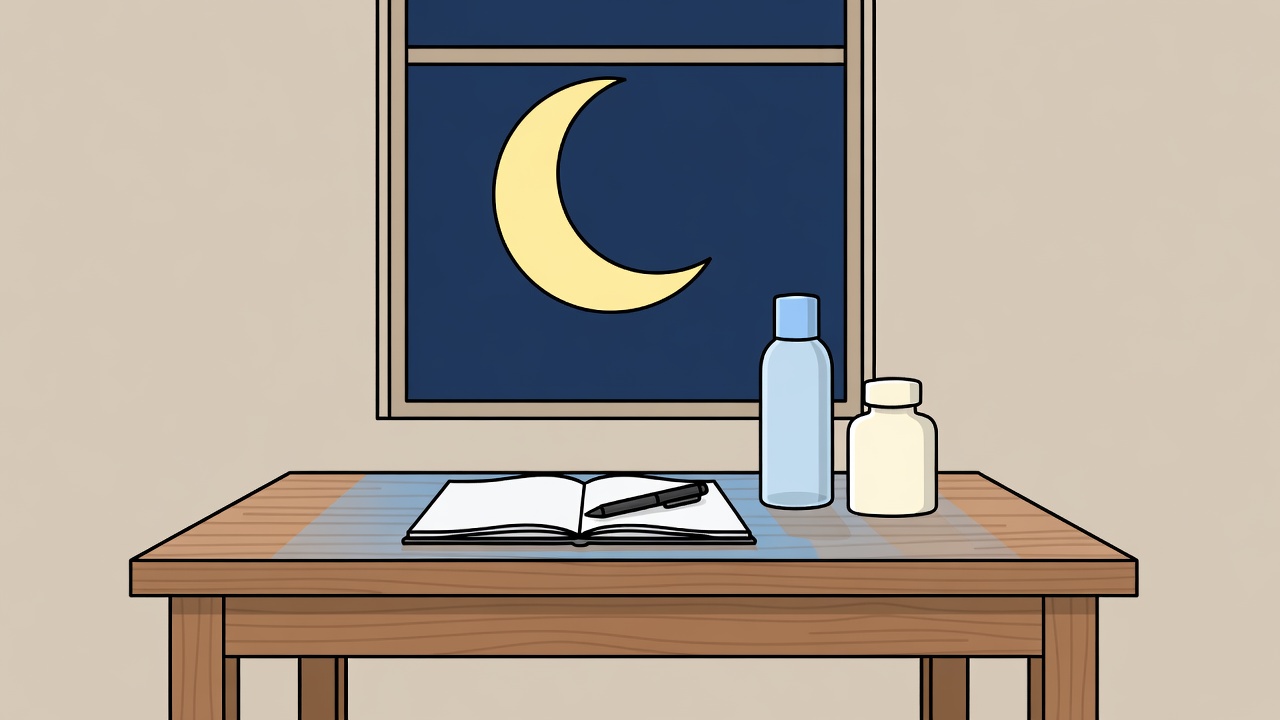 Flat illustration of a writing desk with a notebook, two skincare bottles and a moon in the window